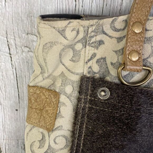 Myra The Gypsy Upcycled Canvas and Genuine Cowhide Leather Tote Bag - Picture 7 of 12